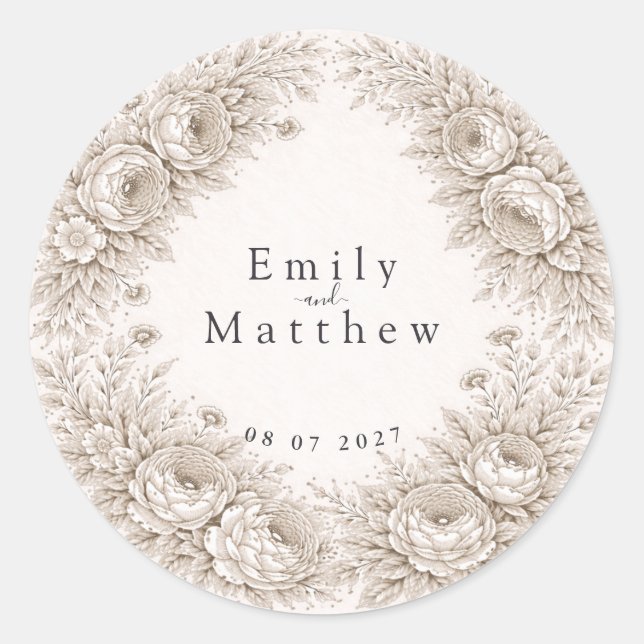 Rond Regency Botanical Engraving Wedding Sticker Set (Devant)