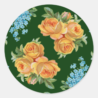 Rond Roses Jaunes Fleurs Bleues sur Sticker Vert