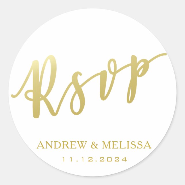 Rond RSVP | Sticker Mariage de script de brosse d'or Fa (Devant)