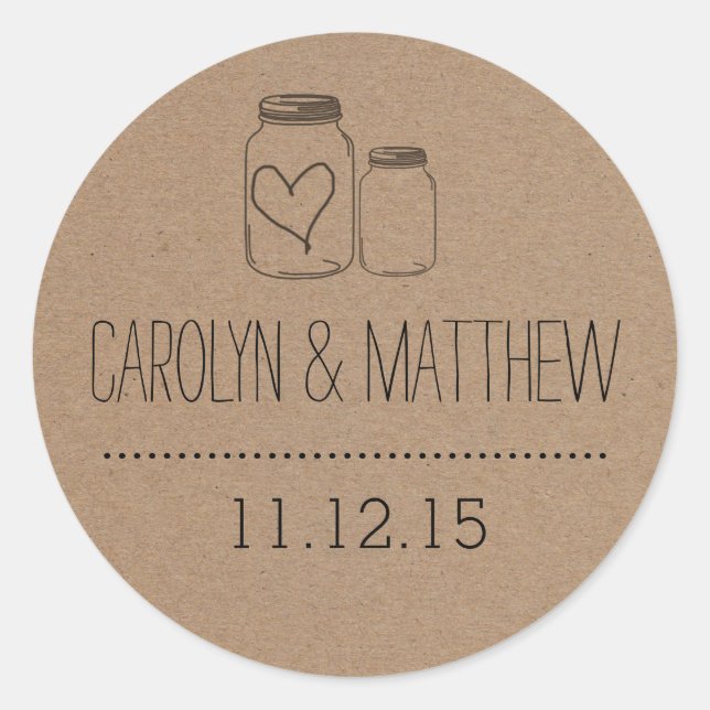 Rond Rustic Mason Jar| Coeur Mariage Faveur Sticker (Devant)