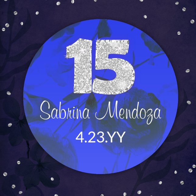 Rond Sapphire Bleu Quinceanera Silver #15 Round Sticker (royal blue quinceanera sticker with silver, diamond number 15, mis quince anos, personalized label)