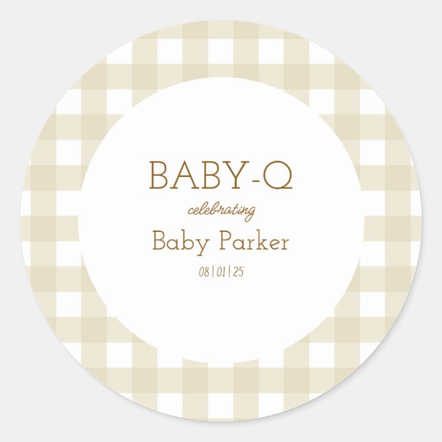 Rond Simple Beige Gingham Baby Shower Sticker (Devant)