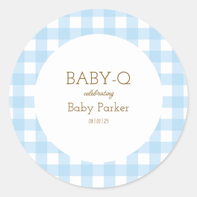 Rond Simple Blue Gingham Baby Shower Sticker (Devant)