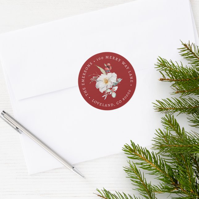 Rond Sticker à enveloppe botanique de Noël (Red Holiday Return Address Envelope Seal Merry Christmas Watercolor Floral Botanical Berries)