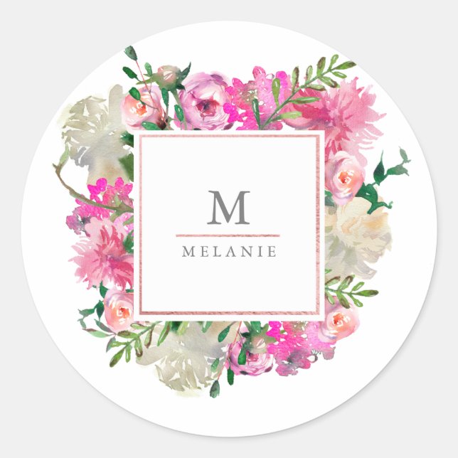 Rond Sticker à monogramme floral bohème tendance (Devant)