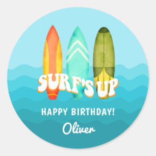 Rond Sticker Anniversaire de enfant Surfs Up Surfboard