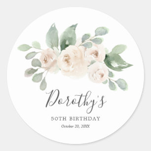 Rond Sticker Anniversaire Personnalisé 50ème Rose Blanc