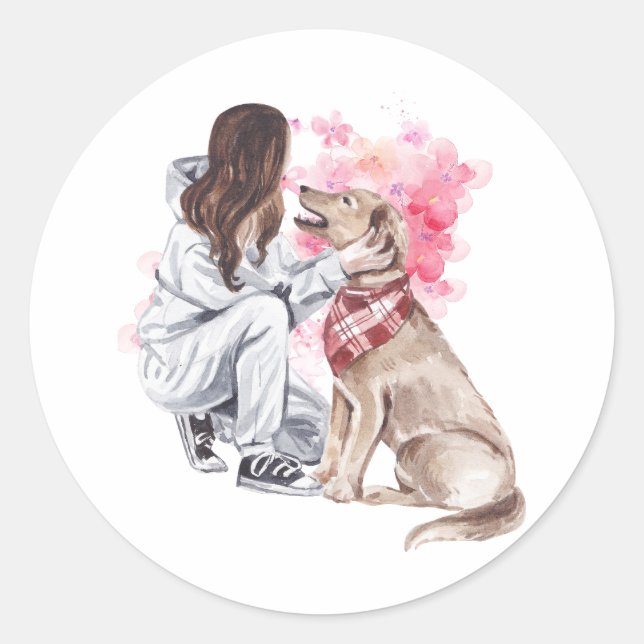 Rond Sticker Aquarelle Fille Et Chien (Devant)