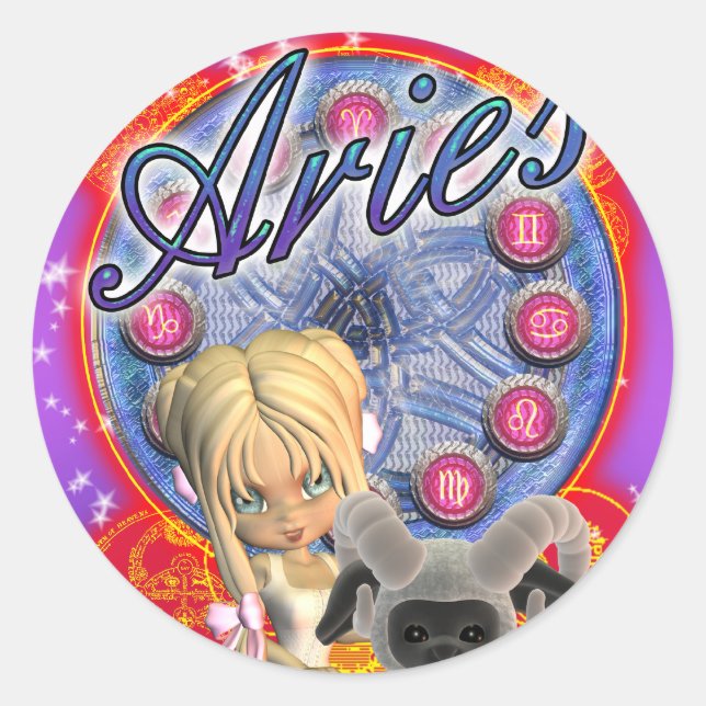 Rond Sticker Aries Avec Femme Mignonne Et Bélier (Devant)