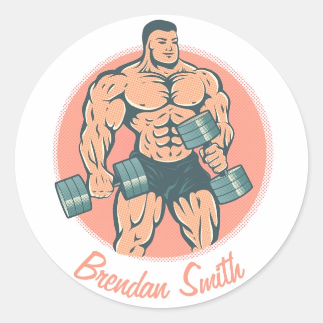 Rond Sticker avec bodybuilder et votre nom (Devant)