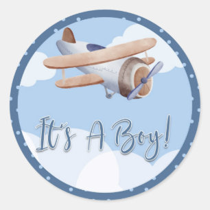 Rond Sticker Baby shower bleu avion C'est une fille