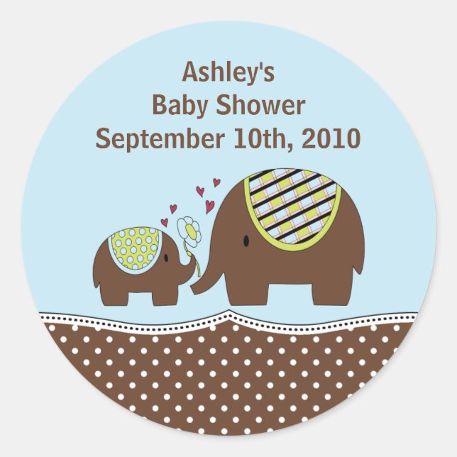 Rond Sticker Baby shower Eléphant bleu et Brown (Devant)