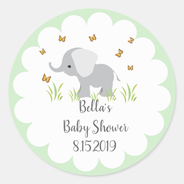Rond Sticker Baby shower éléphant gris (Devant)