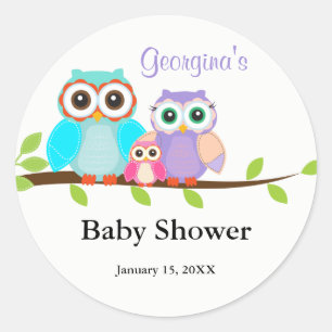 Rond Sticker Baby shower fille de la famille de chouett