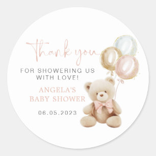 Rond Sticker Baby shower fille ours en peluche