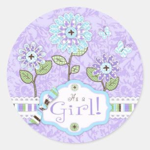 Rond Sticker Baby shower Fleurs de Jardin et Papillons