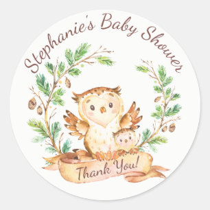 Rond Sticker Baby shower Merci de Chouette Woodland Fav