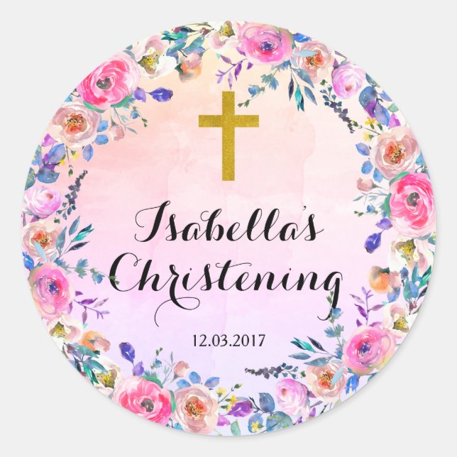 Rond Sticker baptême Christening - Croix d'or (Devant)