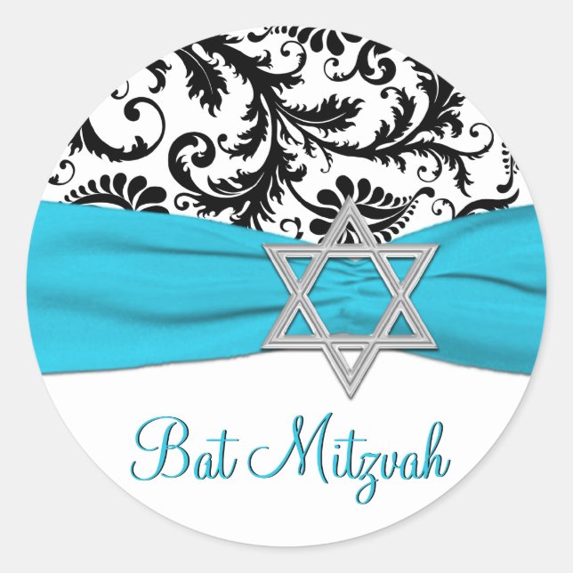 Rond Sticker Bat mitzvah Damask bleu, blanc et noir (Devant)