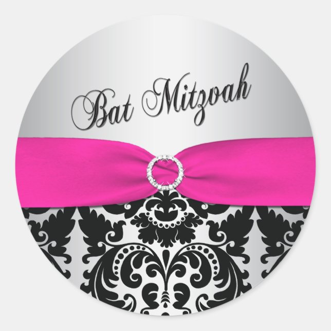Rond Sticker Bat mitzvah rose, argent et noir Damask (Devant)