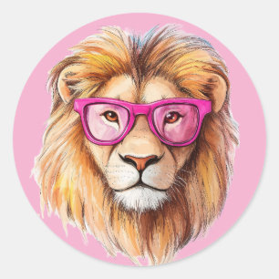 Rond Sticker BG Lion avec lunettes roses clair