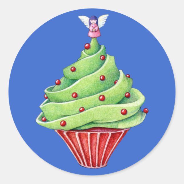 Rond Sticker bleu Cupcake Tree de Noël (Devant)