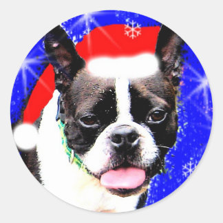 Rond Sticker Boston Terrier Père Noël