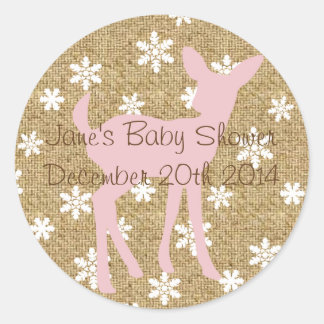 Rond Sticker Burlap pour cerf de bébé rose et flocon de