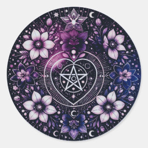 Rond Sticker cardiaque au pentagramme céleste avec fleu