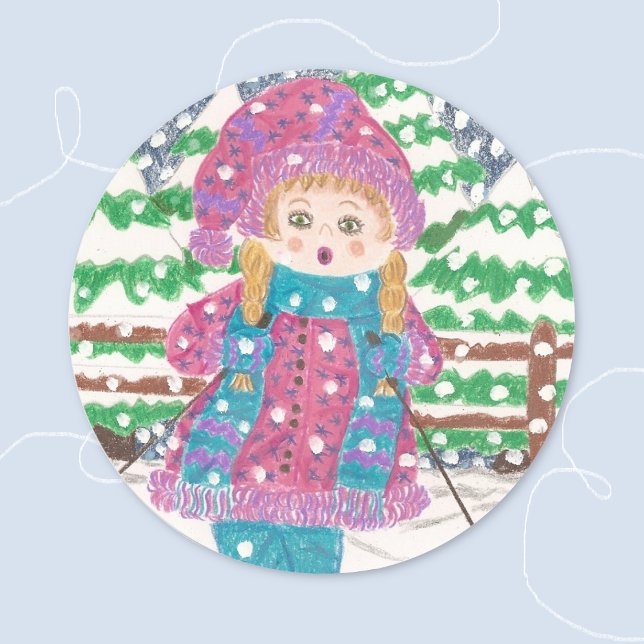 Rond Sticker Classic Round Girl (Ski girl classic round sticker)