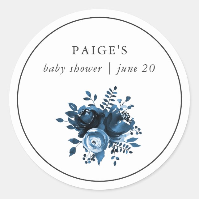 Rond Sticker classique Baby shower floral bleu et blanc (Devant)