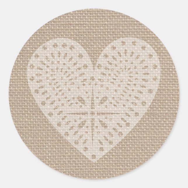Rond Sticker Coeur Blanc Inspiré Burlap (Devant)