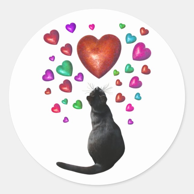 Rond Sticker Coeurs Chat Noir (Devant)