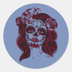 Rond Sticker crâne sucre fille Bleu jour des morts