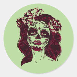 Rond Sticker crâne sucre fille Green-Day of Dead