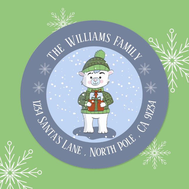 Rond Sticker d'adresse de retour de l'ours bleu polaire (Cute polar bear blue Holiday return address round stickers . )
