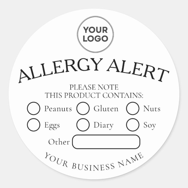 Rond Sticker d'alerte d'allergie noire blanche simple (Devant)