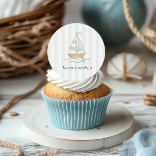 Rond Sticker d'anniversaire Ahoy Nautical   Voilier & P