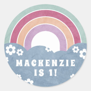 Rond Sticker d'anniversaire Retro Rainbow & Daisies