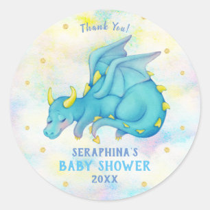 Rond Sticker de Baby shower pour garçons Dragon Bleu Cu