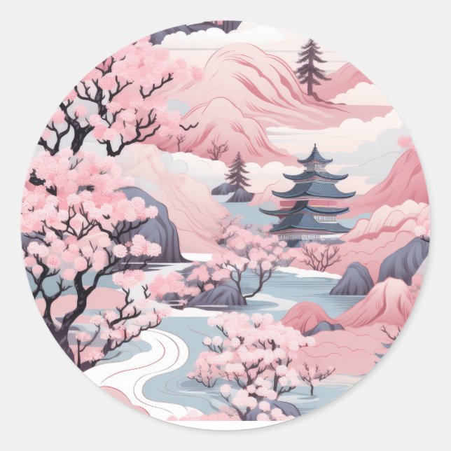 Rond Sticker de décor japonais rose et gris (Devant)
