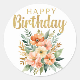 Rond Sticker de fleurs d'aquarelle d'anniversaire heure