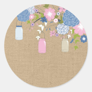 Rond Sticker de Jar Faux Burlap rose et bleu Mason
