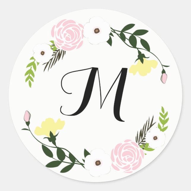 Rond Sticker de mariage de jardin fleuri monogramme (Devant)