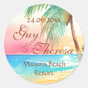Rond Sticker de mariage de plage tropicale aquarelle