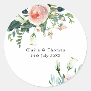 Rond Sticker de mariage floral rose et blanc