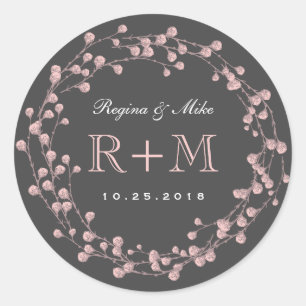 Rond Sticker de mariage préféré de fleurs rose gris