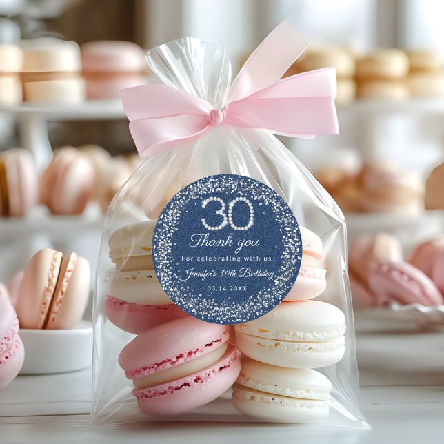 Rond Sticker de Merci Diamonds & Denim 30e Anniversaire (Diamonds and denim 30th Birthday Party Thank you Stickers)