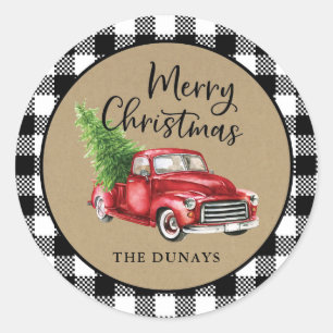Rond Sticker de Noël à plaid noir et blanc