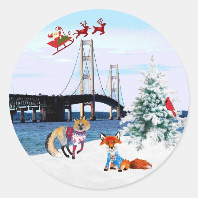 Rond Sticker de Noël du pont Mackinac (Devant)